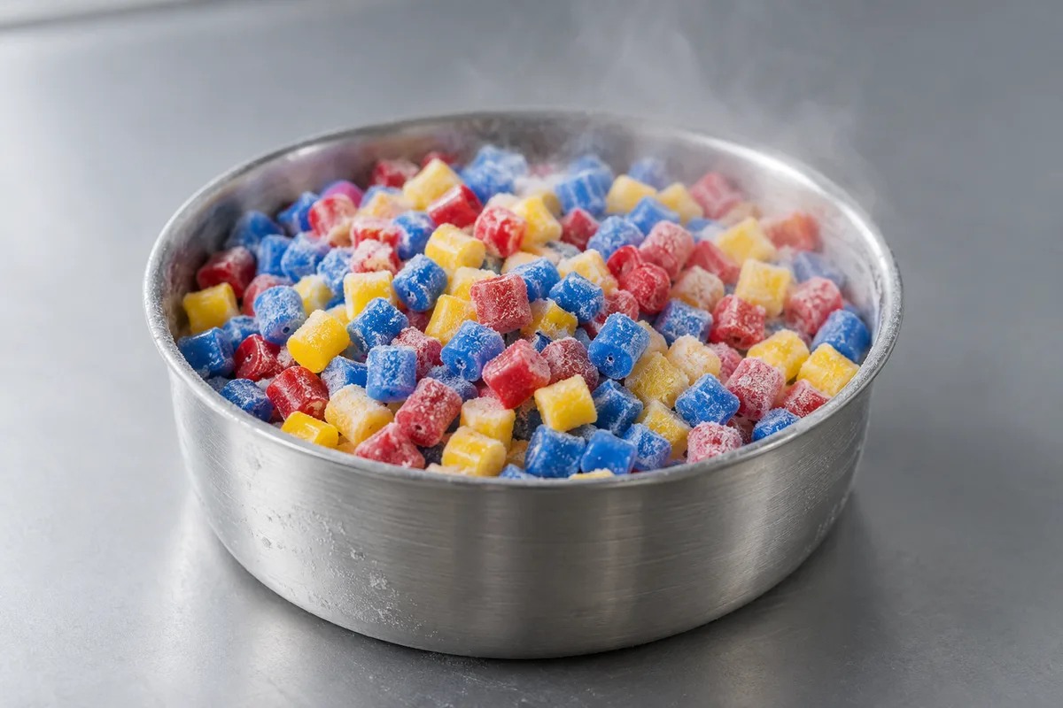 Granulés de plastique coloré couverts de givre dans une coupelle en inox posée sur une paillasse
