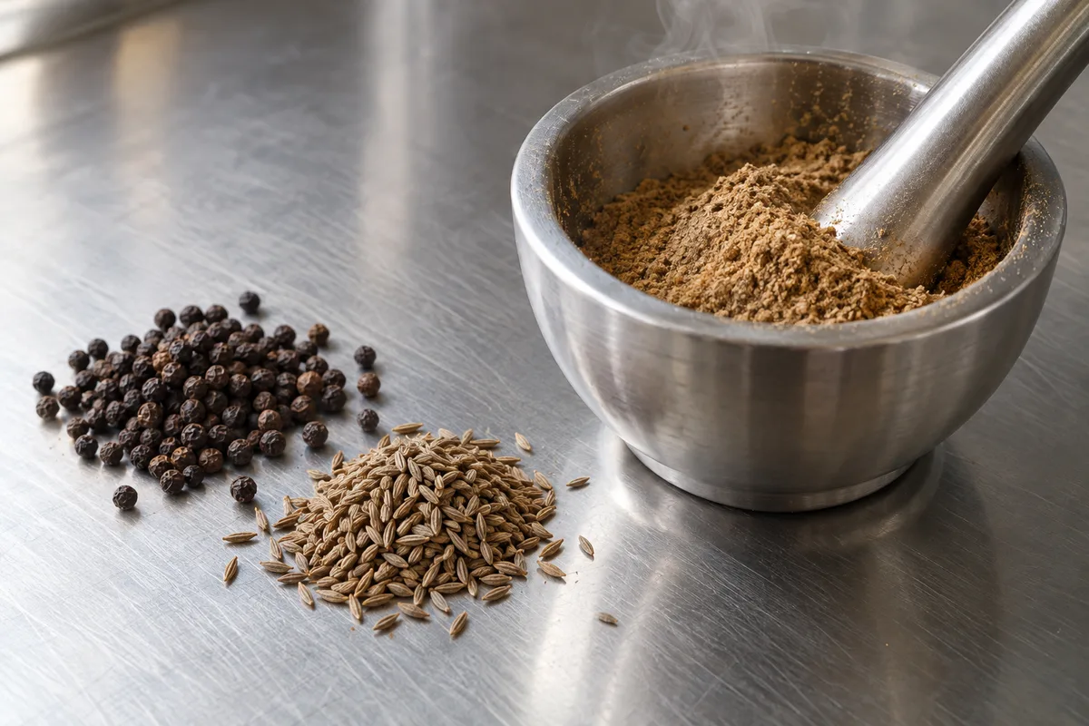 Grains de poivre noir et graines de cumin entiers posés près d&rsquo;un mortier en inox rempli de poudre d&rsquo;épice fine