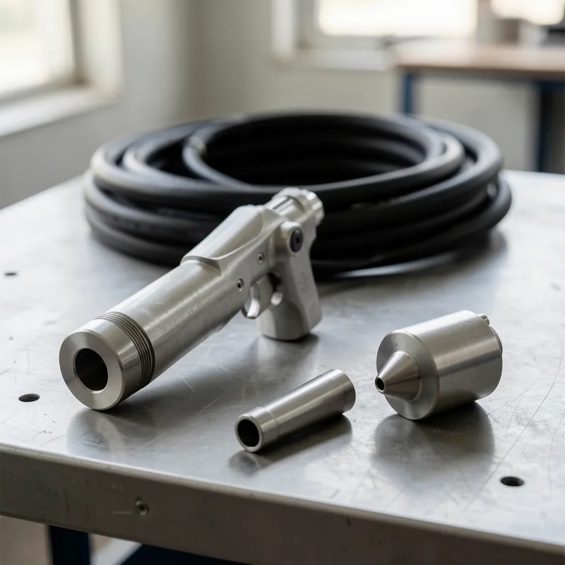 Buse de projection cryogénique et flexible d&rsquo;air comprimé posés sur un établi d&rsquo;atelier industriel