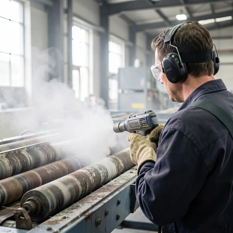 Opérateur en équipement de protection dirigeant une buse cryogénique vers un convoyeur industriel