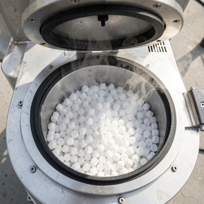 Cuve ouverte d&rsquo;une machine de nettoyage cryogénique remplie de pellets de glace carbonique