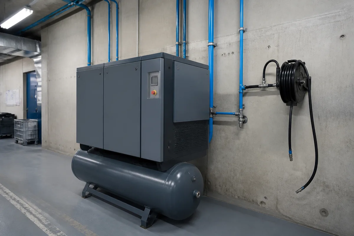 Compresseur à vis industriel et flexible d&rsquo;air comprimé enroulé le long d&rsquo;un mur d&rsquo;atelier