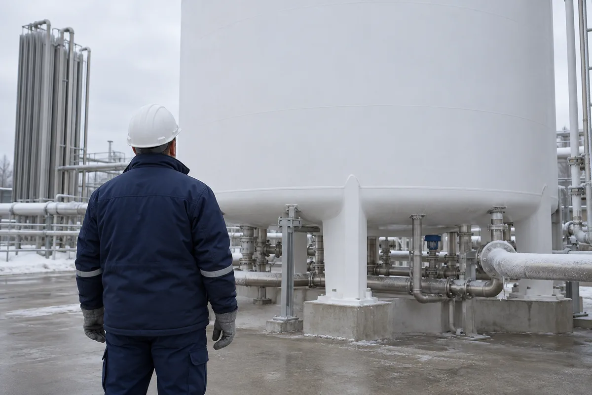 Technicien de dos en équipement de protection devant la base d&rsquo;un réservoir cryogénique